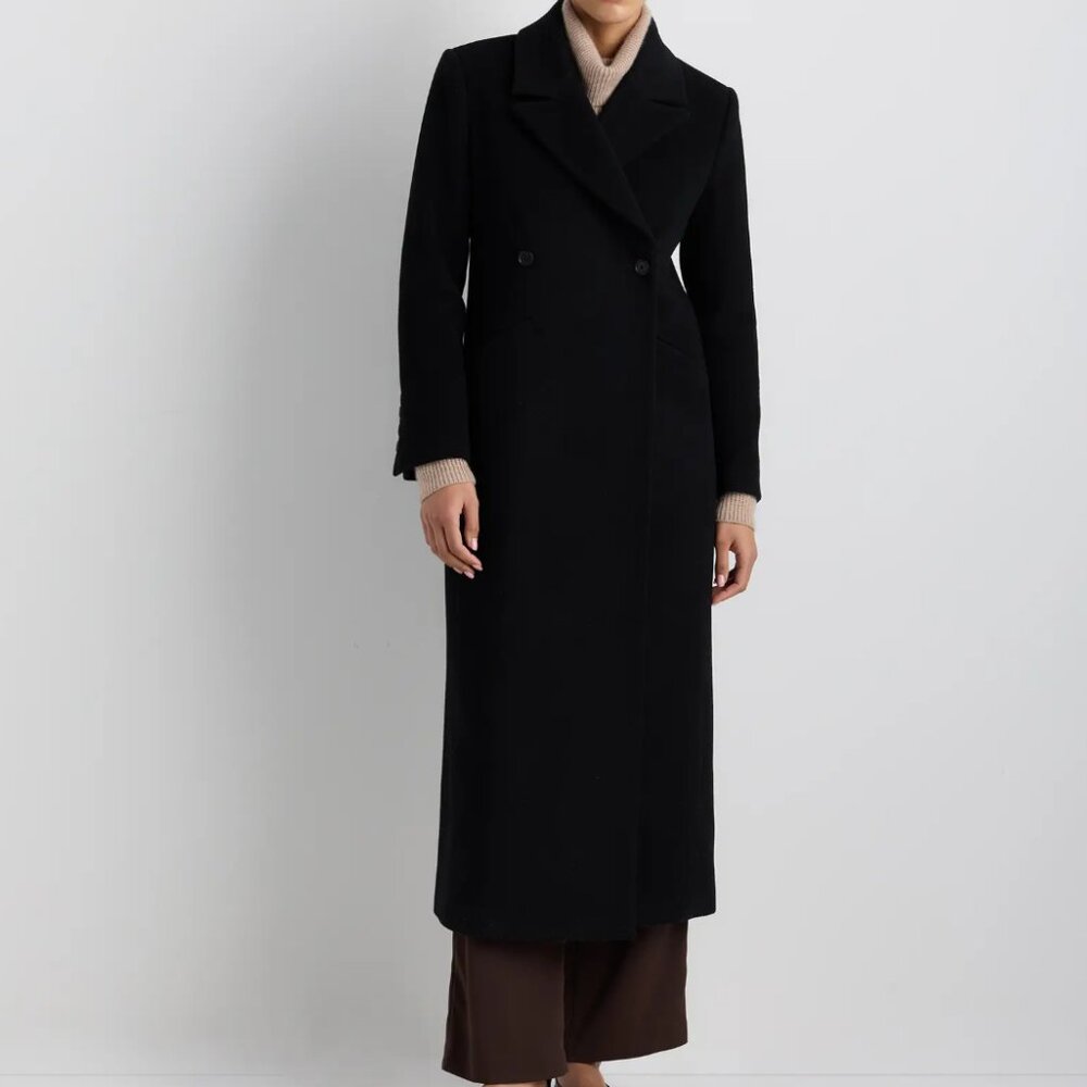 Quince Black Long Double-Breasted Trench Coat